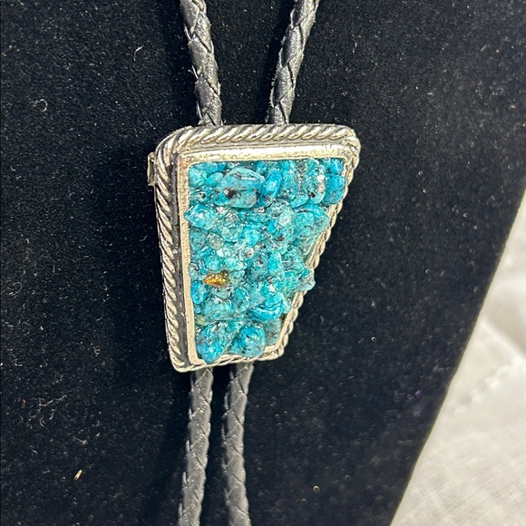 Vintage Bolo tie western leather and ornate medallion turquoise - Picture 10 of 11